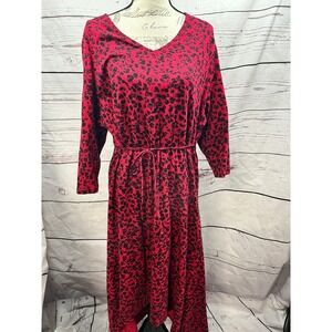 d&co Women Red Black Leopard Print Maxi Dress Long Sleeve V‎ Neck Tie Waist XL